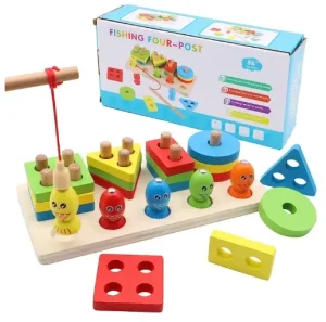 Wooden Stacking Toys, Shape Sorting Board & Wooden Toddler Fishing Toys, Shape Color Recognition Blocks Matching Puzzle