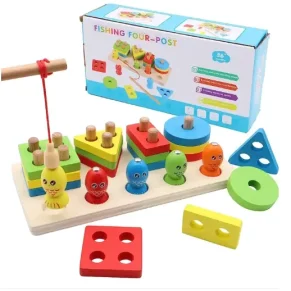 Wooden Stacking Toys, Shape Sorting Board & Wooden Toddler Fishing Toys, Shape Color Recognition Blocks Matching Puzzle Preschool Learning Toys for Kids Boys & Girls
