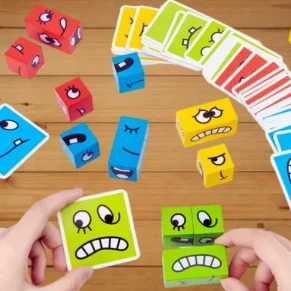 Cube Face Changing Expression Puzzle Game – Montessori Wooden Building Blocks Board Game for Kids | Boosts Creativity, Thinking & Matching Skills | Improves Emotional Recognition & IQ | Bright Colors & Cute Cartoon Expressions